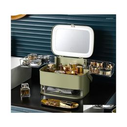 Storage Boxes Bins Cosmetic Box With Mirror Led Light Desktop Makeup Organizer Case Dustproof Der Type For Cosmetics Drop Delivery Dhgvc