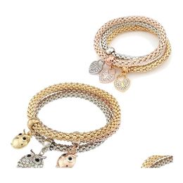 Charm Bracelets Fashion Jewellery 3 Pieces Set Threecolour Elastic Crystal Bar Setting Women Bangle Owl Heart For Bracelet Drop Deliver Ot7Ob