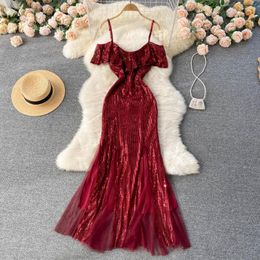 Casual Dresses Ladies High-End Evening Dress Temperament Banquet Host Sequined Fishtail Sheath Red Slip For Women