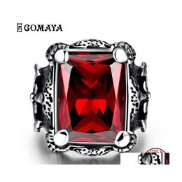 Cluster Rings Gomaya Stainless Steel Ring For Men Fashion Punk Style Square Red Zircon Party Prom Boy Jewellery Anniversary Gift On Sa Dhmkz