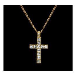 Pendant Necklaces Mens Iced Out Cross For Women Hip Hop Bling Crystal Crucifix Gold Sier Chains Rapper Hiphop Jewellery Gift Drop Deli Ot46D