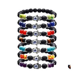 Beaded Strands Hamsa Hand Of Fatim Charm Lava Rock Beads Bracelets For Women Men Evil Blue Eye Essential Oil Diffuser 7 Chakra Ston Otmvq