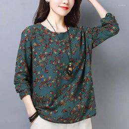 Women's Blouses Cotton Linen Shirt Women Long Sleeve Floral Blouse Ladies Tops Casual Basic Tee Tunics O Neck V2200