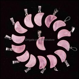 Charms Natural Crystal Stone Moon Beads Pink Quartz Healing Pendants Necklace Women Earring Accessorie For Jewellery Making Drop Deliv Otrcd