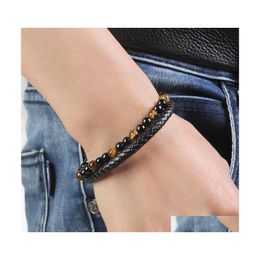 Charm Bracelets Punk Tiger Eye Lava Men Natural Stone Bead Stainless Steel Pu Leather Bracelet Magnetic Clasp Black Bangles Q272Fz D Dhpfl