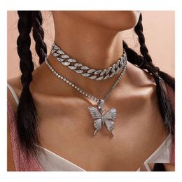 Pendant Necklaces Fashion Jewelry Vintage Cuban Link Chains Butterfly Necklace Rhinestone Hip Hop Geometric 2Pcs/Set Drop Delivery Pe Dhfds