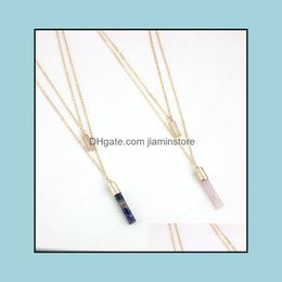 Pendant Necklaces Blue Pink Quartz Double Layer Mtilayer Necklace Cylinder Natural Stone Gold Plated Sweater Long For Women Jewelry Otvtp