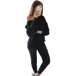 Zweiteilige Hosen für Damen, Herbst-Outfits, lässig, solide, warme Strickteile, sexy O-Ausschnitt-Pullover und Hosen, schlanker Trainingsanzug, Ensemble Femme