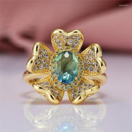 Wedding Rings Female Blue Green Oval Crystal Ring Dainty Bridal Flower Engagement Vintage Classic Rose Gold Color For Women