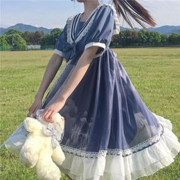 Party Dresses Hstar Summer Short Sleeve Kawaii Preppy Style Japanese Lolita Dress Sailor Collar Harajuku Cute Lace Bow Boho Fairy Vestidos