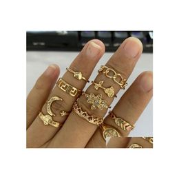Band Rings Fashion Jewellery Knuckle Ring Set Chain Geometric Flower Moon Heart Crown Stacking 10Pcs/Set Drop Delivery Dhduk