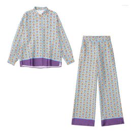 Women's Two Piece Pants Autumn Fashion Printed Women Shirts Vintage Long Sleeve Top Button Turn-down Collar Asymmetrical Chic Ladies Blouse