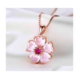 Pendant Necklaces Sweet Cute Female Pink Crystal Flower Necklace Charming Womens Wedding Clavicle Chain Fashion Party Jewelry Girl G Dhyr4