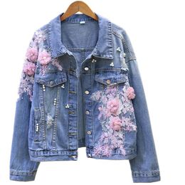 Women's Jackets 2023 Spring Autumn Jeans Jacket Coat Woman Heavy Stereo Pink Flower Embroidered Hole Denim Student Basic Coats