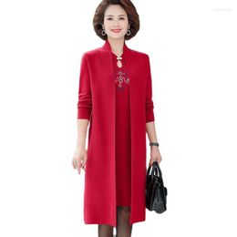 Casual Dresses Women Autumn Long-sleeved Knitted Dress Jacket 2023 Winter Western-style Mother Cheongsam Sweater Two-piece Suit A832
