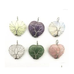 Pendant Necklaces 5Pc Natural Crystal Tree Of Life Heartshaped Shape Reiki Polished Mineral Healing Stone For Men Women Jewelry Gift Dhyq9