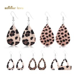 Stud Fashion Leopard Print Leather Pirecing Earrings For Women Girl Hollow Waterdrop Faux Fur Leathers Hook Dangle Earring Jewelry G Dhyzd