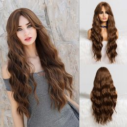 Long Wavy Brown Wig with Bangs Synthetic Wigs for Black Women Heat Resistant Fiber Hair Daily Cosplay Party Natural Wave Wigsfactory direct