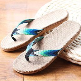 Slippers Summer Men Linen Flip Flop Striped Ribbon Sandals Flat EVA Non-Slip Slides Home Slipper Man Casual Straw Beach ShoesSlippers