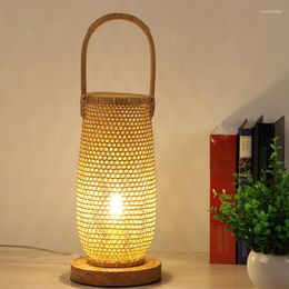 Tischlampen, handgefertigte Bambus-Wicker-Rattan-Korbschirm-Lampenfassung, asiatische japanische Schreibtischleuchte, Abajour-Nachttisch, Schlafzimmer-Nachttischlampe