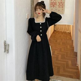 Casual Dresses Spring And Autumn Knee Ruffle Vintage Square Collar Dress Black Women Party Korea Style Long Sleeve Retro DressCasual