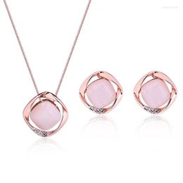 Necklace Earrings Set Fashion Simple Pink Opal Pendant