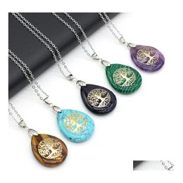 Arts And Crafts Natural Stone Tree Of Life Necklacewhite Purple Pink Crystal Water Drop Shape Metal Alloy Pendant Seven Chakra Reiki Dh4I8