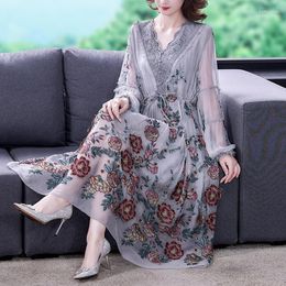 Casual Dresses Spring Autumn Women Clothes V Neck Lace Patchwork Embroidery Flower Grey Dress Woman Fall 5xl High Waisted