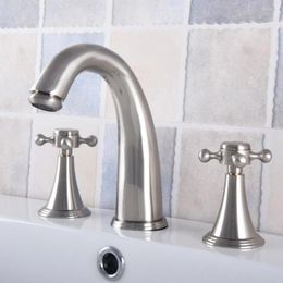 Bathroom Sink Faucets Brushed Nickel Brass Deck Mounted Basin Faucet Widespread Vanity Mixer Tap Three Holes/Two Handles Anf681