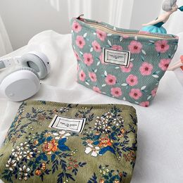 Storage Bags Corduroy Make Up Organiser Clutch Bag Retro Flower Print Cosmetic Wash Women Travel Pouch Beauty Cases