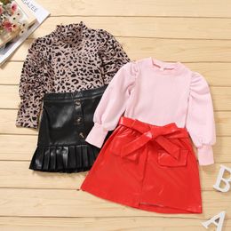 Clothing Sets Fashion Children Kids Girls Solid Color/Leopard Puff Sleeve Turtleneck Pullover Tops Leather Pleated Skirt Outfits