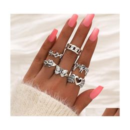 Band Rings Fashion Jewellery Knuckle Ring Set Gold Sier Heart Wings Cupid Butterfly Skl Thorn Stacking Midi Sets 6Pcs/Set Drop Delivery Dhwdv