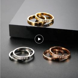 2 in 1 Ring Set Stainless Steel Gold Colour Cubic Zirconia Lover Couple Finger Rings For Women Men Roman Numerals Crystal Jewellery