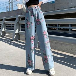 Women's Pants Autumn Sweet Rose Floral Jeans Women Street Fashion Spring High Waist Wide Leg Vintage Korean Blue Straight Denim