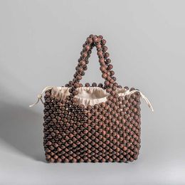 Vintage Wooden Beading Women Handbags Designer Hollow Beads Tote Bag Handmade Casual Summer Beach Small Bali Purses 2023 Sac 230129