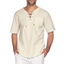 Men's T Shirts Lace-Up Short Sleeve Solid Colour T-Shirt Fashion Beach Loose Casual T-ShirtMen's
