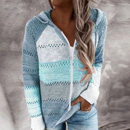 Women's Knits Patchwork Long Sleeves Hooded Sweater Striped Cardigan Blouse Fashion Women Casual Tops Abrigos Mujer Invierno 2023 Kardigan