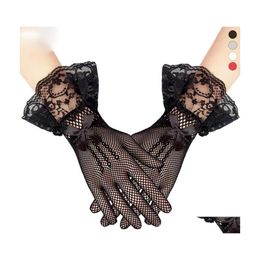 Five Fingers Gloves Women Lady Mesh Fishnet Sexy Lace Bowknot Wrist Summer Sunsn Driving Evening Party Girls Glove Black White Drop Otyo4