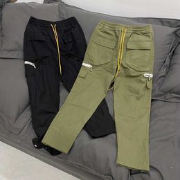 2023 New Men's pants North American High Street Brand Rhude Correct Version of Multi Pocket with Button at Hem Loose Women's Vibe Straight Tube Overalls