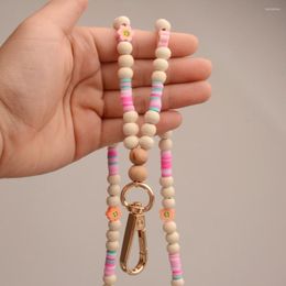 Keychains Fashion Wood Beads Necklace Lanyard For Women Girls Smile Soft Clay Charm Long Key Chains Accessory