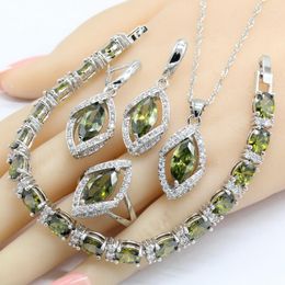 Necklace Earrings Set Silver Colour For Women Olive Green Cubic Zirconia Bracelet Pendant Rings Free Gift Box
