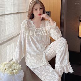 Women's Sleepwear Autumn Women Pajamas Set Sweet White Ruffle Long Sleeve Trouser Suits Pyjama Pour Femme Loose Velour 2PCS Shirt&Pant