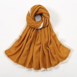 Ethnic Clothing Pleated Cotton Hijabs For Woman Plain Crinkle Shawls Lace Scarf Muslim Wrap Small Size Islam Turban Foulard Femme Hijab 160