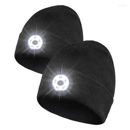 Cycling Caps 2 Pack Unisex Beanie Hat With Light 5 LED 3 Modes Rechargeable Hands Free Head Knitted Light(Black)