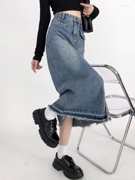 Skirts Fashion Women Denim Skirt 2023 Autumn Winter High Waist Side Slit Jean Mid-Calf Female Solid Color Casual A-Line Bottoms