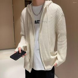 Men's Sweaters Men Sweater Long Sleeve Zipper Closure Solid Colour Hollow-out Design Hooded Coat Autumn Cardigan Gift For Student