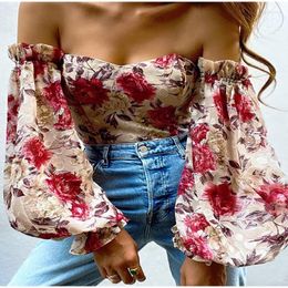 Women's Blouses Chic Women Floral Off Shoulder Blouse Tops Sexy Frill Long Lantern Sleeve Strapless Corset Fashion Slim Fit