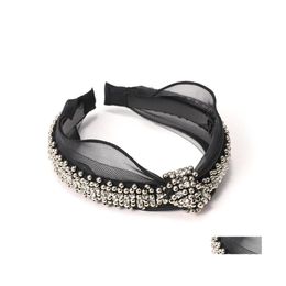 Headbands Elegant Rhinestones Metal Beads Pearl Black Lace Headband Knot Crystal Twisted Bow Knotted Vintage Accessories Personalise Otzn5