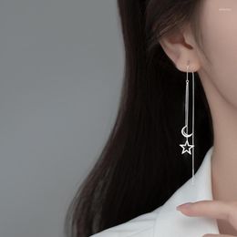 Dangle Earrings Real. 925 Sterling Silver Pull Through Brushed Moon Star Ear Line Piercing Threader Chain Tassel Long C-G9951