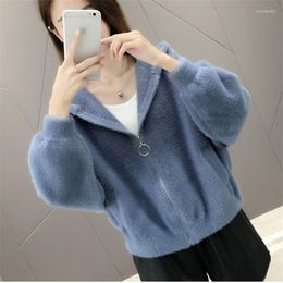 Women's Knits Imitation Mink Cashmere Korean Sweater Cardigan Women's Spring Hooded Zipper Knitted Jacket Solid Color Loose Short